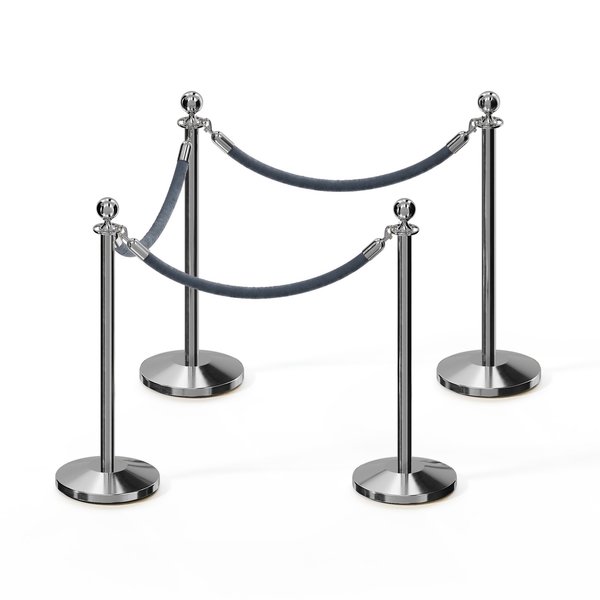 Montour Line Stanchion Post and Rope Kit Pol.Steel, 4 Ball Top3 Gray Rope C-Kit-4-PS-BA-3-PVR-GY-PS